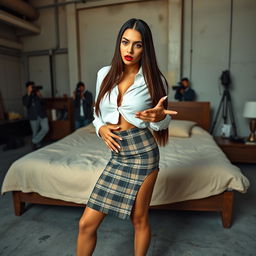 A 22-year-old Mexican woman with long straight brunette hair, an attractive figure featuring a long torso, wide hips, and long legs