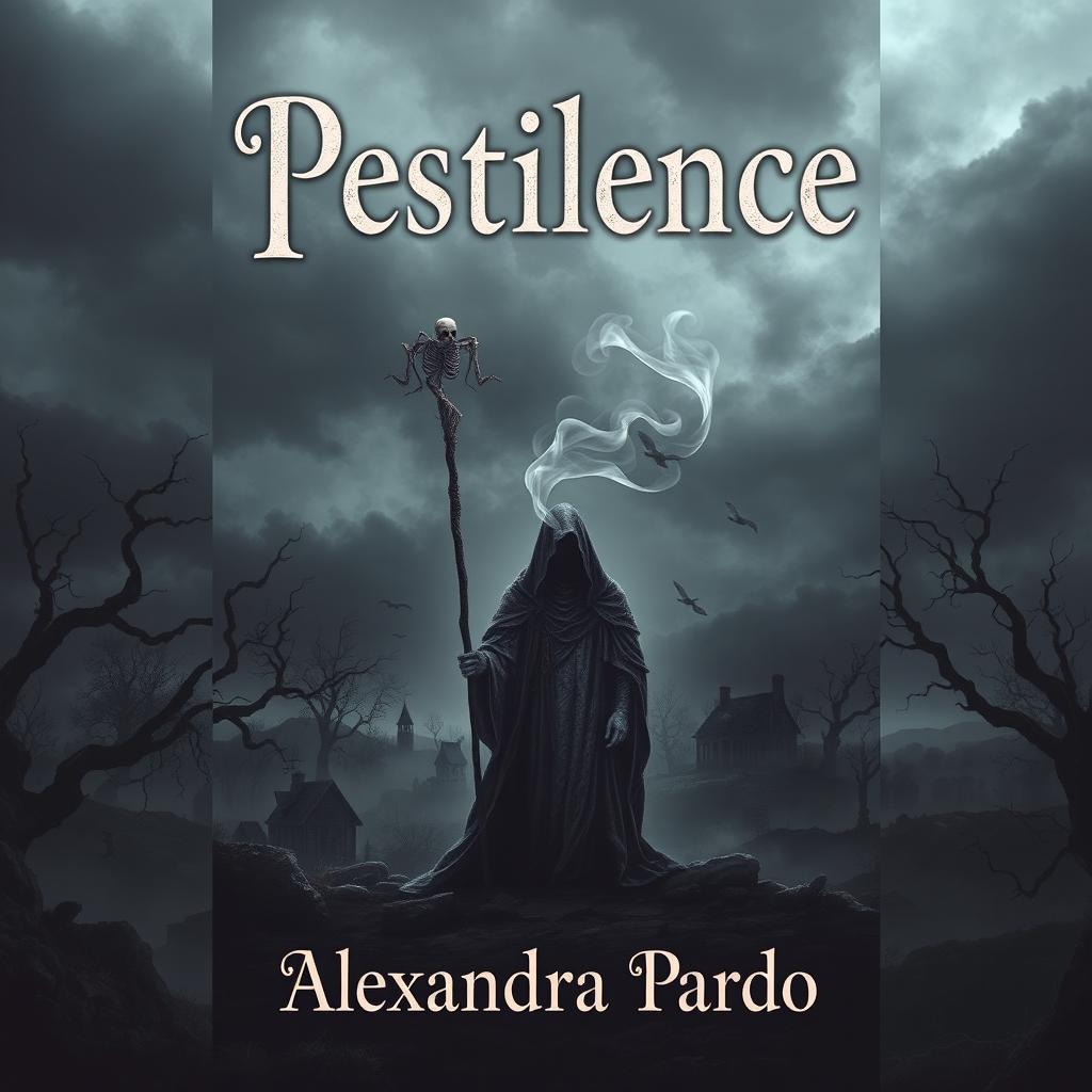 A dramatic and haunting book cover design for 'Pestilence' by Alexandra Pardo