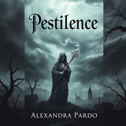 A dramatic and haunting book cover design for 'Pestilence' by Alexandra Pardo