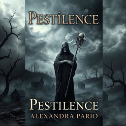 A dramatic and haunting book cover design for 'Pestilence' by Alexandra Pardo