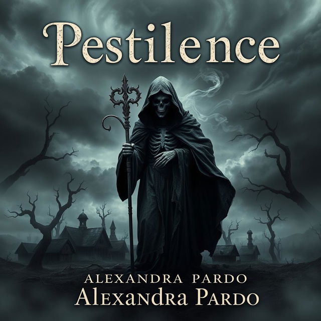 A dramatic and haunting book cover design for 'Pestilence' by Alexandra Pardo