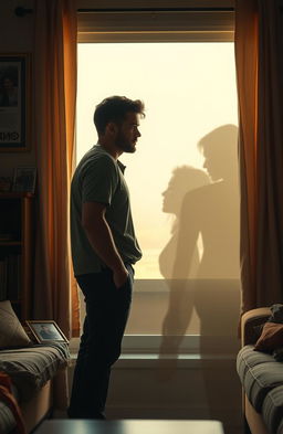 A romantic and emotional scene depicting a man standing in a softly lit room, looking pensively out of a window as memories of his ex's best friend flood his mind