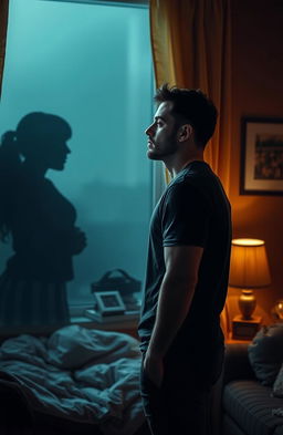A romantic and emotional scene depicting a man standing in a softly lit room, looking pensively out of a window as memories of his ex's best friend flood his mind