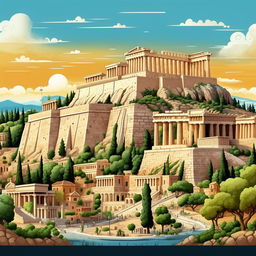 Create an engaging, cartoon depiction of the capital city of Athens, Greece, with distinctive landmarks like the Parthenon and the Acropolis.