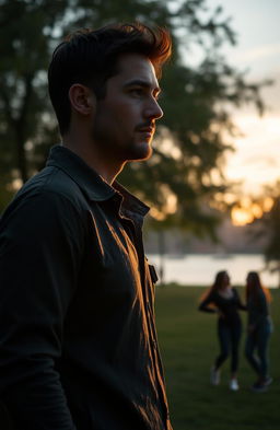 A man standing in a beautiful park, gazing thoughtfully into the distance, reflecting on love and relationships, with soft rays of sunset illuminating his face