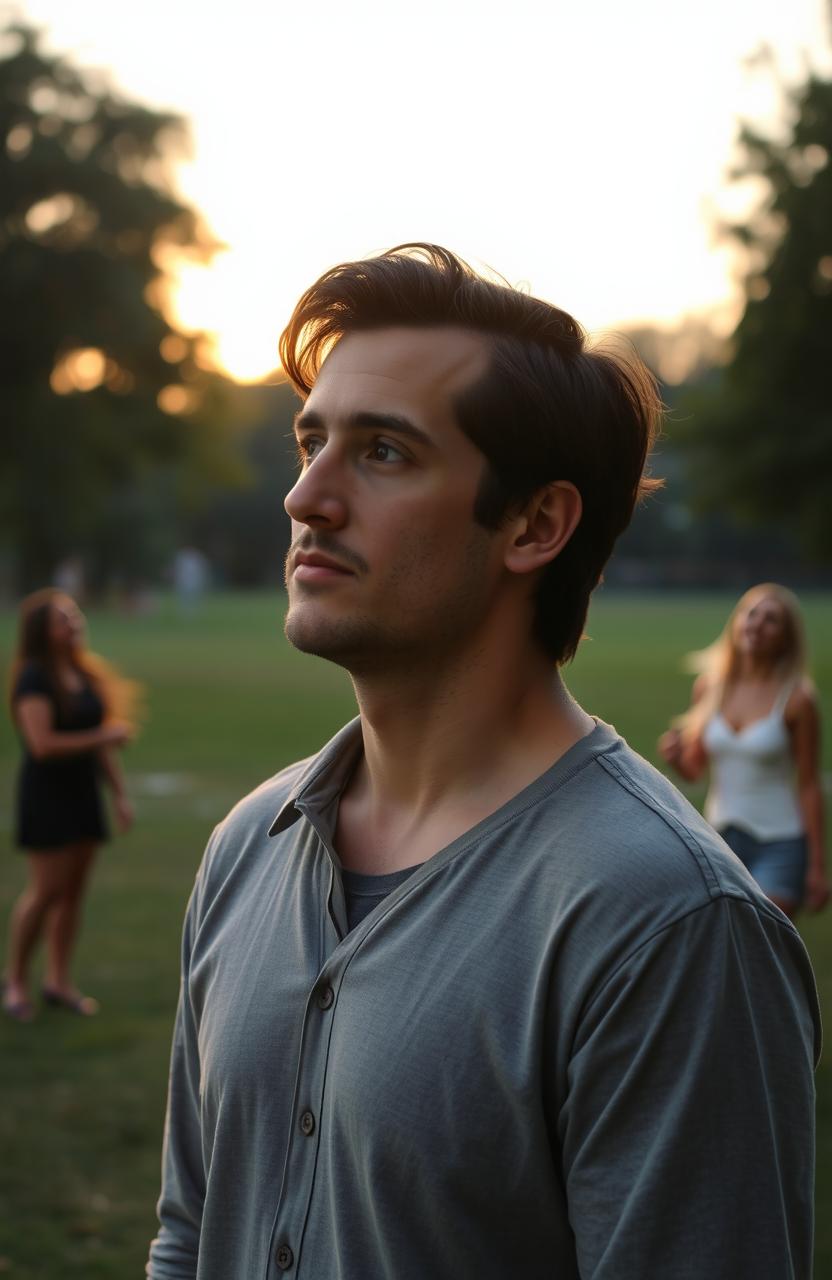 A man standing in a beautiful park, gazing thoughtfully into the distance, reflecting on love and relationships, with soft rays of sunset illuminating his face