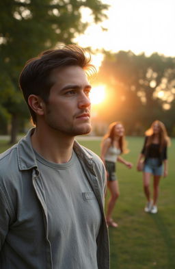 A man standing in a beautiful park, gazing thoughtfully into the distance, reflecting on love and relationships, with soft rays of sunset illuminating his face