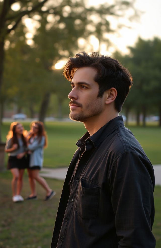 A man standing in a beautiful park, gazing thoughtfully into the distance, reflecting on love and relationships, with soft rays of sunset illuminating his face