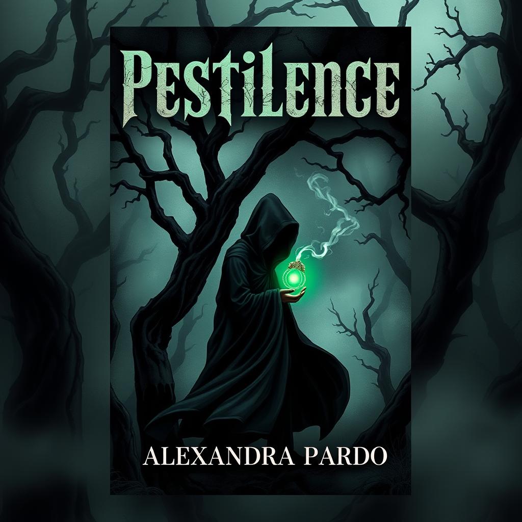 A captivating and eerie book cover design for 'Pestilence' by Alexandra Pardo