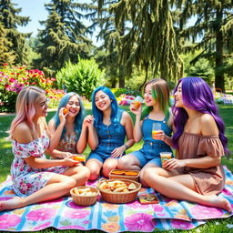 Four girls joyfully enjoying a picnic in a sunny park, surrounded by vibrant flowers and tall, lush trees