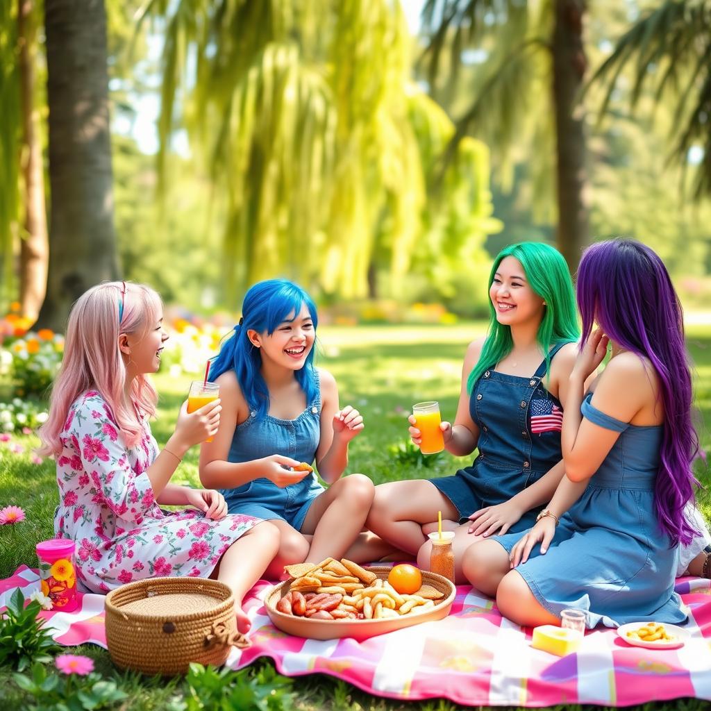 Four girls joyfully enjoying a picnic in a sunny park, surrounded by vibrant flowers and tall, lush trees