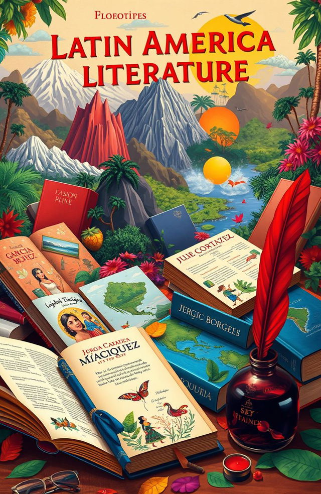A vibrant and colorful scene representing Latin American literature, featuring an array of classic and contemporary authors such as Gabriel García Márquez, Julio Cortázar, and Jorge Luis Borges
