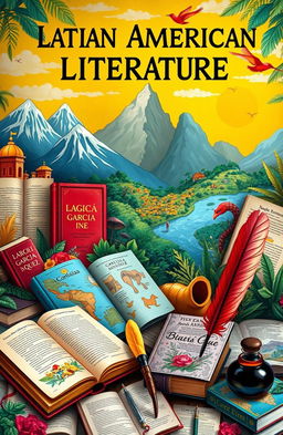 A vibrant and colorful scene representing Latin American literature, featuring an array of classic and contemporary authors such as Gabriel García Márquez, Julio Cortázar, and Jorge Luis Borges