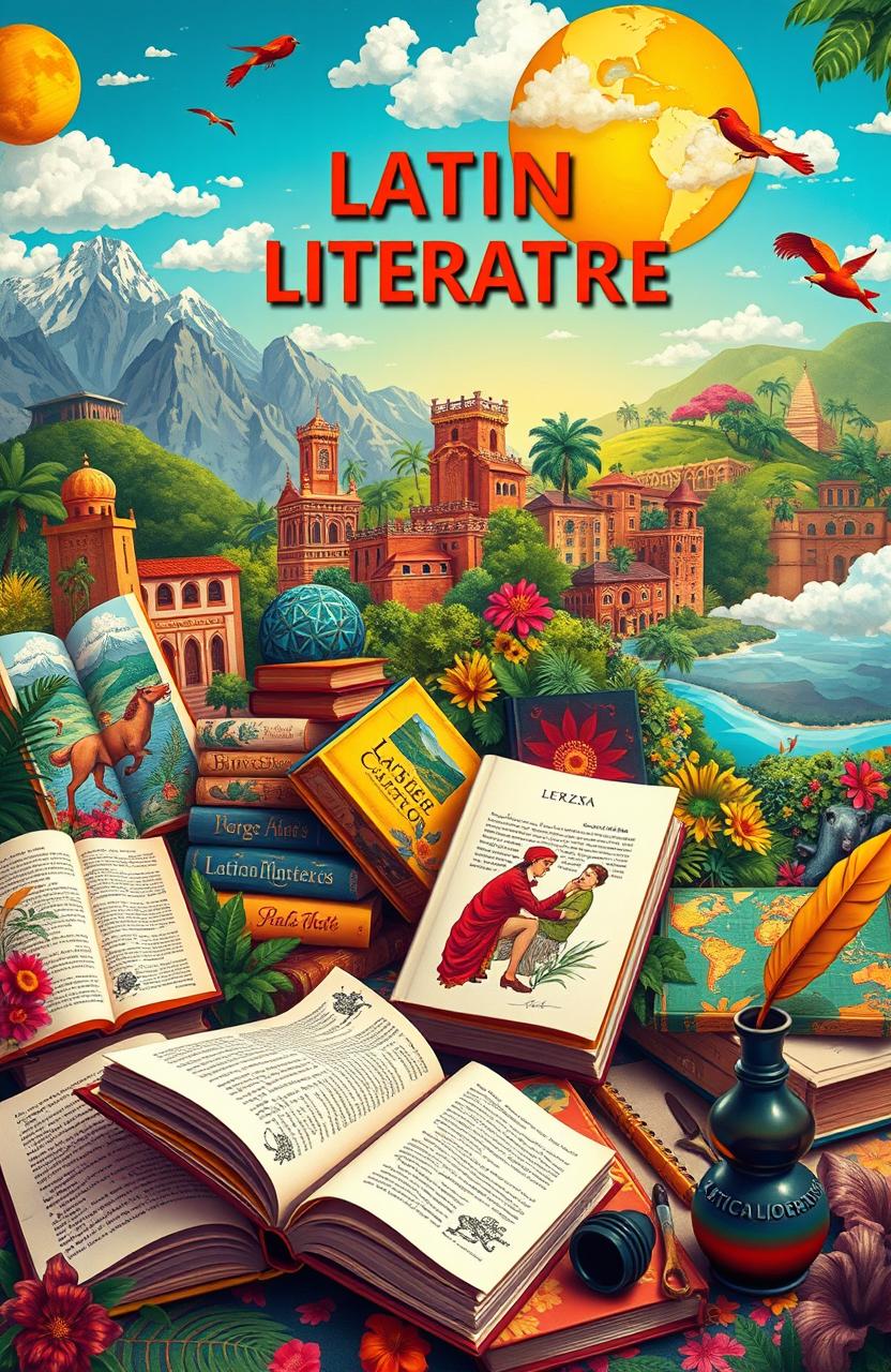 A vibrant and colorful scene representing Latin American literature, featuring an array of classic and contemporary authors such as Gabriel García Márquez, Julio Cortázar, and Jorge Luis Borges