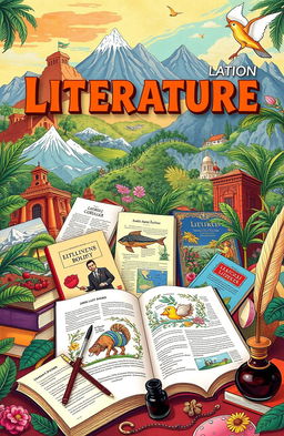 A vibrant and colorful scene representing Latin American literature, featuring an array of classic and contemporary authors such as Gabriel García Márquez, Julio Cortázar, and Jorge Luis Borges