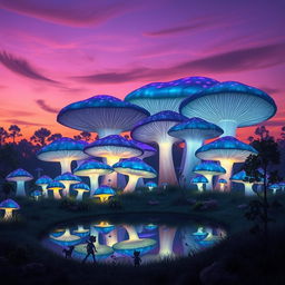 A surreal, whimsical landscape featuring a giant mushroom forest with bioluminescent fungi glowing softly in shades of blue and purple
