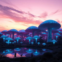 A surreal, whimsical landscape featuring a giant mushroom forest with bioluminescent fungi glowing softly in shades of blue and purple
