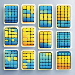 Develop a rectangular game card design with a border of repeating pattern of blue and yellow cells transitioning with a gradient effect