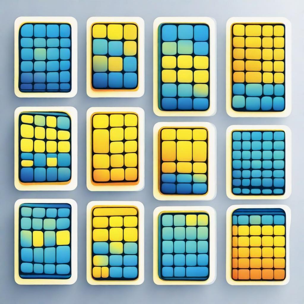 Develop a rectangular game card design with a border of repeating pattern of blue and yellow cells transitioning with a gradient effect
