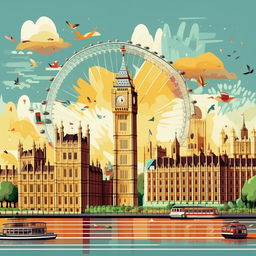 Generate a playful, cartoon-styled visual of the capital city London, featuring the iconic Big Ben and the London Eye.