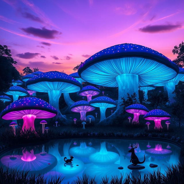 A surreal, whimsical landscape featuring a giant mushroom forest with bioluminescent fungi glowing softly in shades of blue and purple