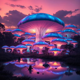 A surreal, whimsical landscape featuring a giant mushroom forest with bioluminescent fungi glowing softly in shades of blue and purple