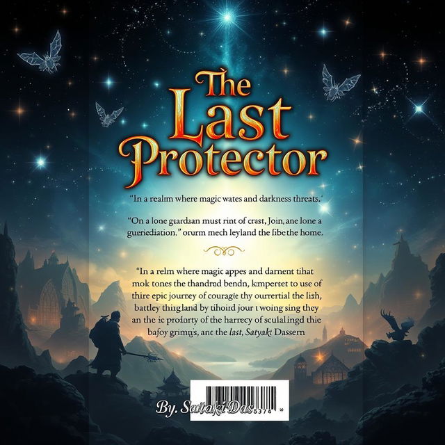 Design a stunning book back cover for 'The Last Protector', a fantasy novel by Satyaki Das