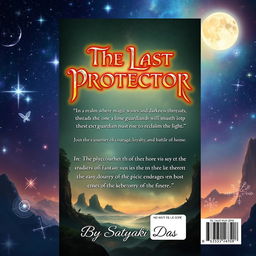 Design a stunning book back cover for 'The Last Protector', a fantasy novel by Satyaki Das