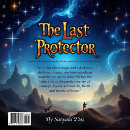 Design a stunning book back cover for 'The Last Protector', a fantasy novel by Satyaki Das