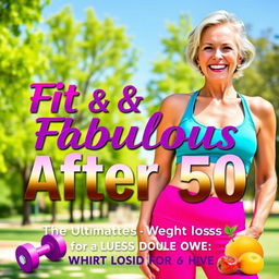 A vibrant and empowering cover for a weight loss guide titled 'Fit & Fabulous After 50: The Ultimate Weight Loss Guide for Women'