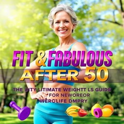 A vibrant and empowering cover for a weight loss guide titled 'Fit & Fabulous After 50: The Ultimate Weight Loss Guide for Women'