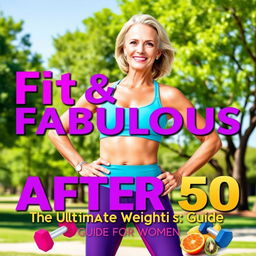 A vibrant and empowering cover for a weight loss guide titled 'Fit & Fabulous After 50: The Ultimate Weight Loss Guide for Women'