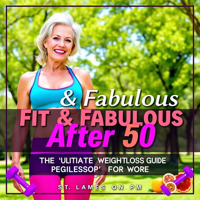 A vibrant and empowering cover for a weight loss guide titled 'Fit & Fabulous After 50: The Ultimate Weight Loss Guide for Women'