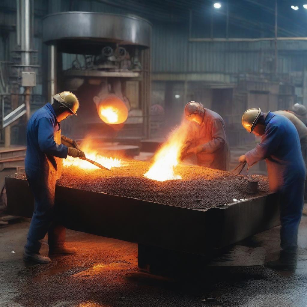 A bustling steel shop with workers diligently melting scrap metal into liquid steel