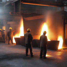 A bustling steel shop with workers diligently melting scrap metal into liquid steel