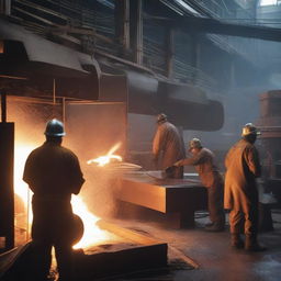 A bustling steel shop with workers diligently melting scrap metal into liquid steel