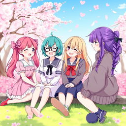 Anime-style illustration of four girls in a romantic relationship, sitting together in a beautiful cherry blossom park