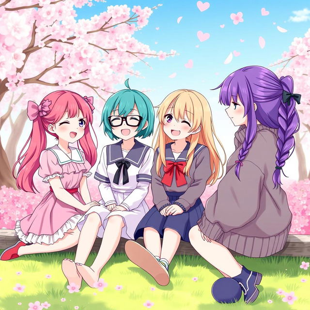 Anime-style illustration of four girls in a romantic relationship, sitting together in a beautiful cherry blossom park