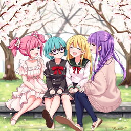 Anime-style illustration of four girls in a romantic relationship, sitting together in a beautiful cherry blossom park