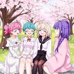 Anime-style illustration of four girls in a romantic relationship, sitting together in a beautiful cherry blossom park