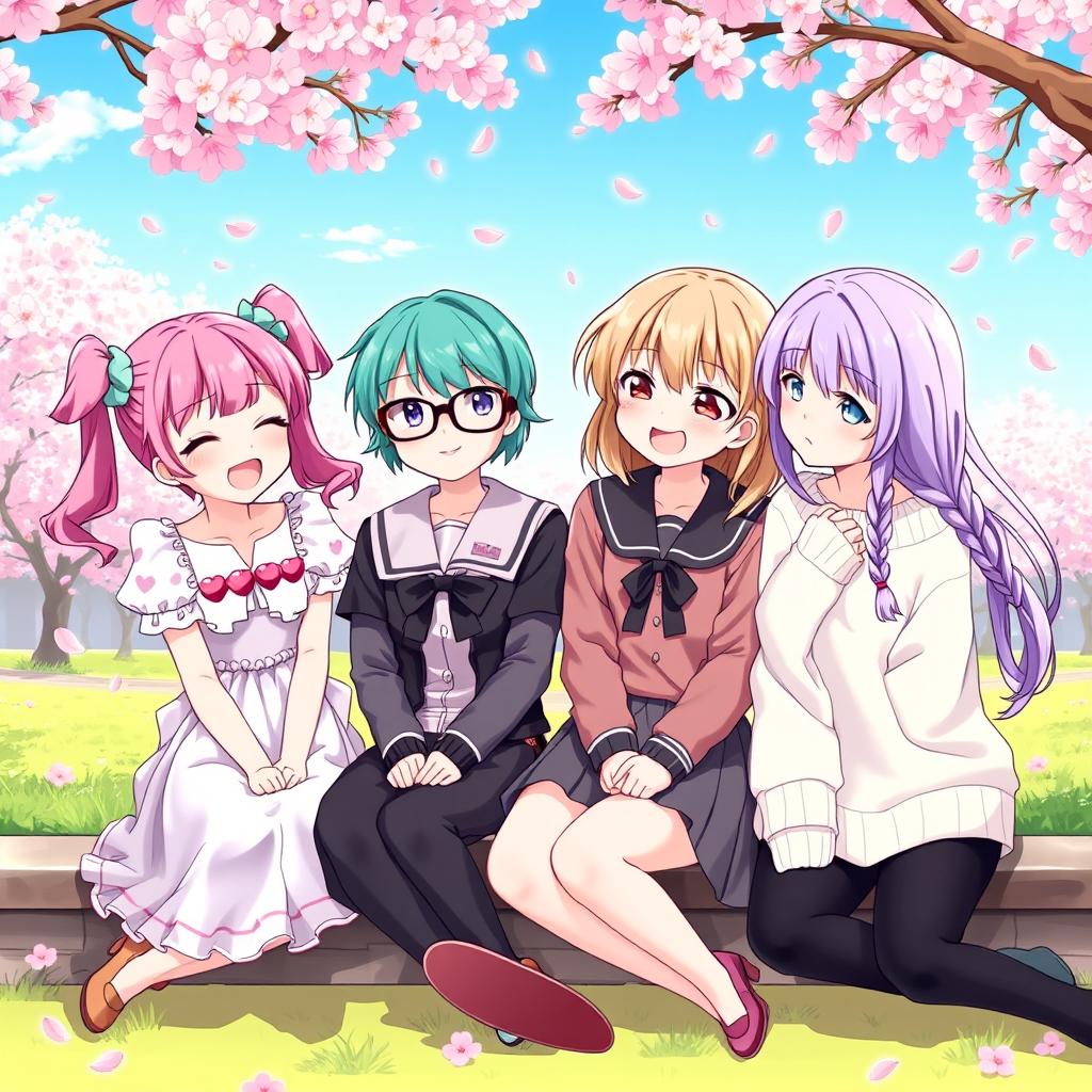 Anime-style illustration of four girls in a romantic relationship, sitting together in a beautiful cherry blossom park
