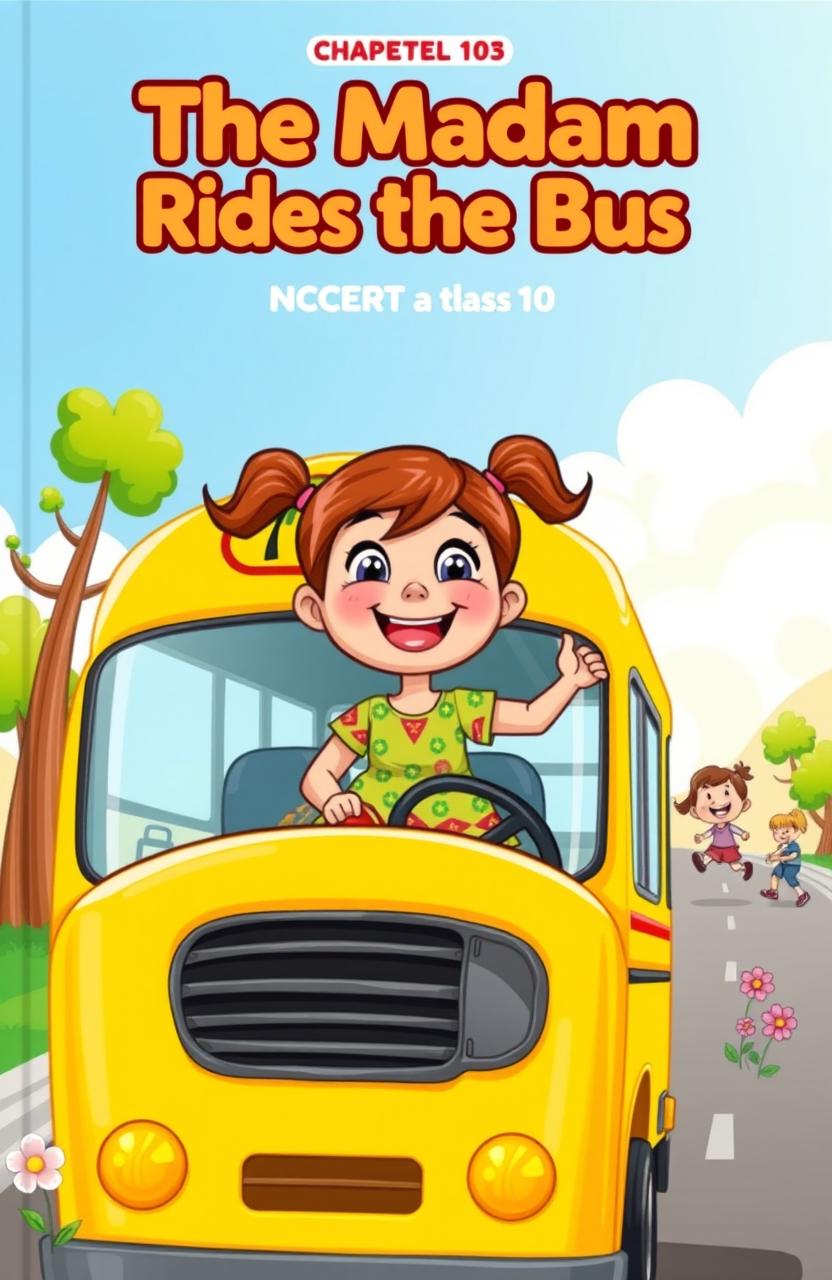 A vibrant cartoonish book cover for the NCERT class 10 chapter 'The Madam Rides the Bus'