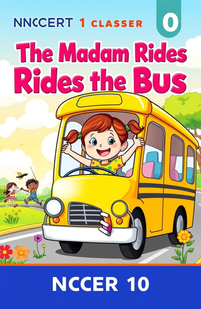 A vibrant cartoonish book cover for the NCERT class 10 chapter 'The Madam Rides the Bus'