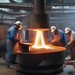 A bustling steel shop with workers diligently melting scrap metal into liquid steel