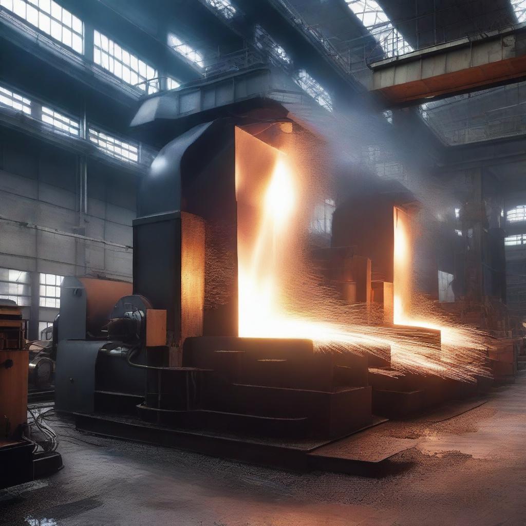 An industrial plate mill in full operation, featuring massive machines rolling heated steel into flat plates