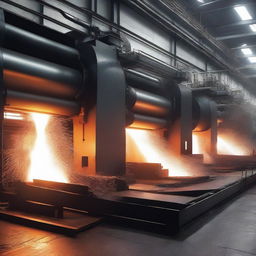 An industrial plate mill in full operation, featuring massive machines rolling heated steel into flat plates