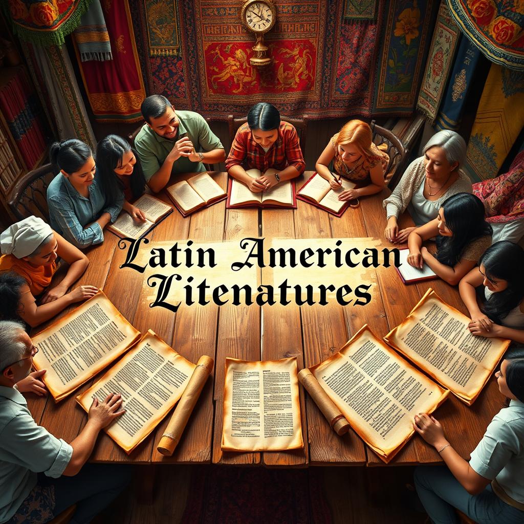 A captivating scene representing Latin American literature, featuring ancient scrolls spread across a rustic wooden table