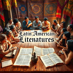 A captivating scene representing Latin American literature, featuring ancient scrolls spread across a rustic wooden table