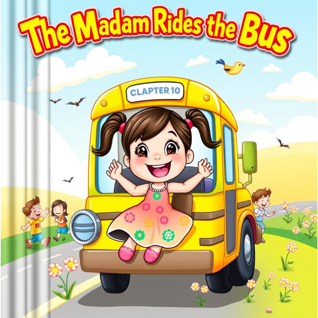 A colorful and whimsical cartoonish book cover for the NCERT class 10 chapter 'The Madam Rides the Bus'