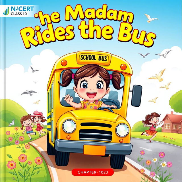 A colorful and whimsical cartoonish book cover for the NCERT class 10 chapter 'The Madam Rides the Bus'